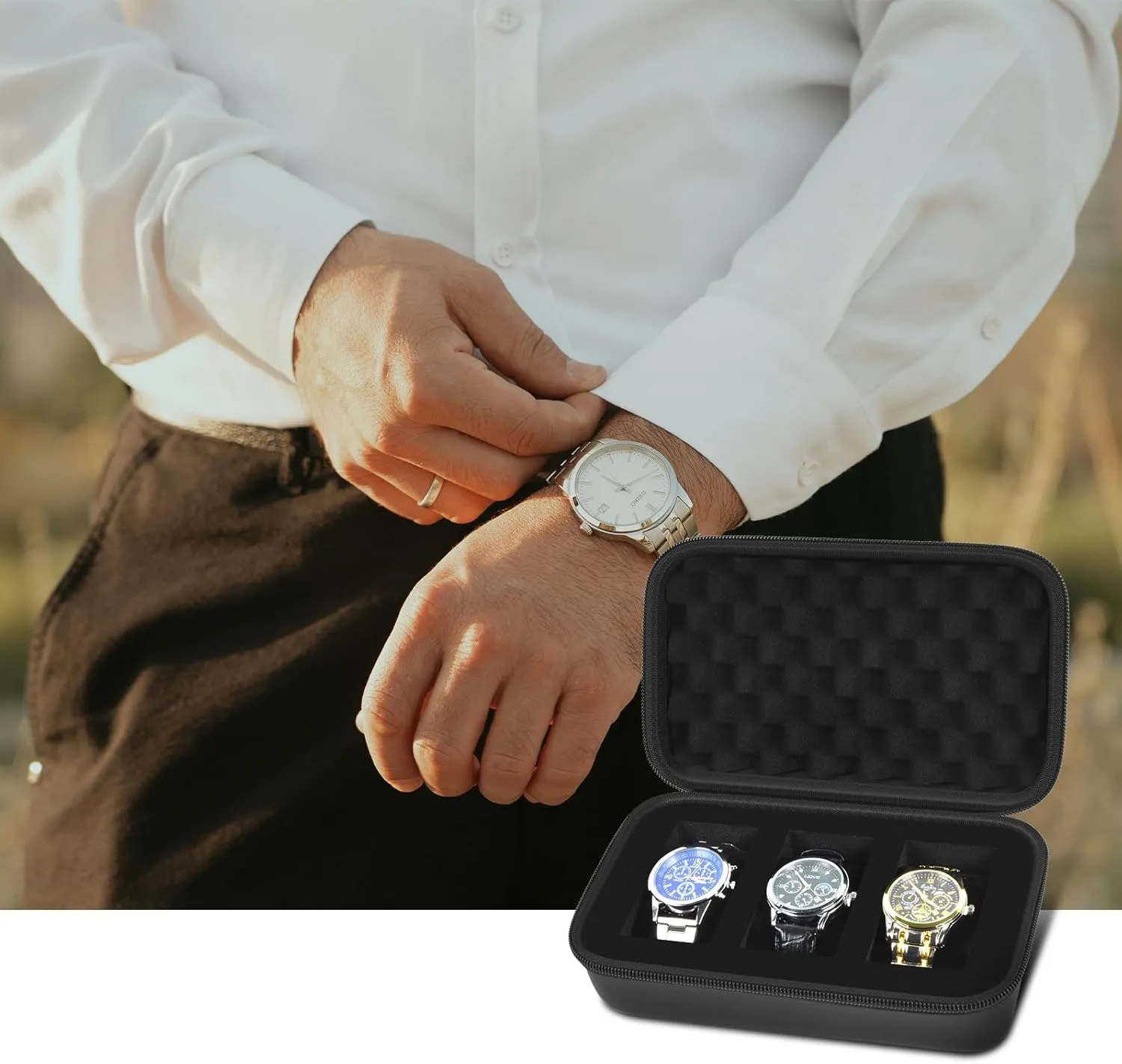 Watch Box Organizer/Men Watch Display Storage Case Fits All Wristwatches and Smart Watches up to 42mm 3 Slots -Black
