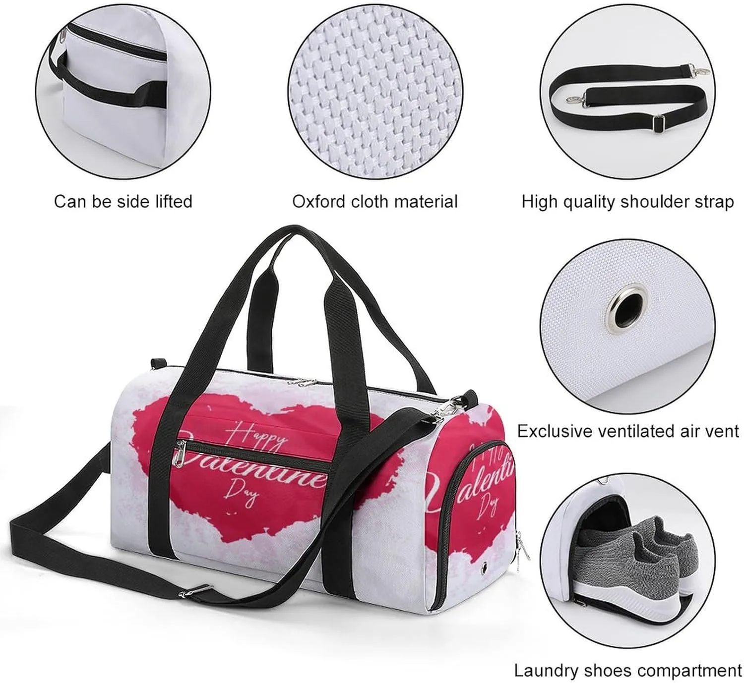 Waterproof Red Heart Travel Duffel Bag with Shoe Compartment Gym Weekender