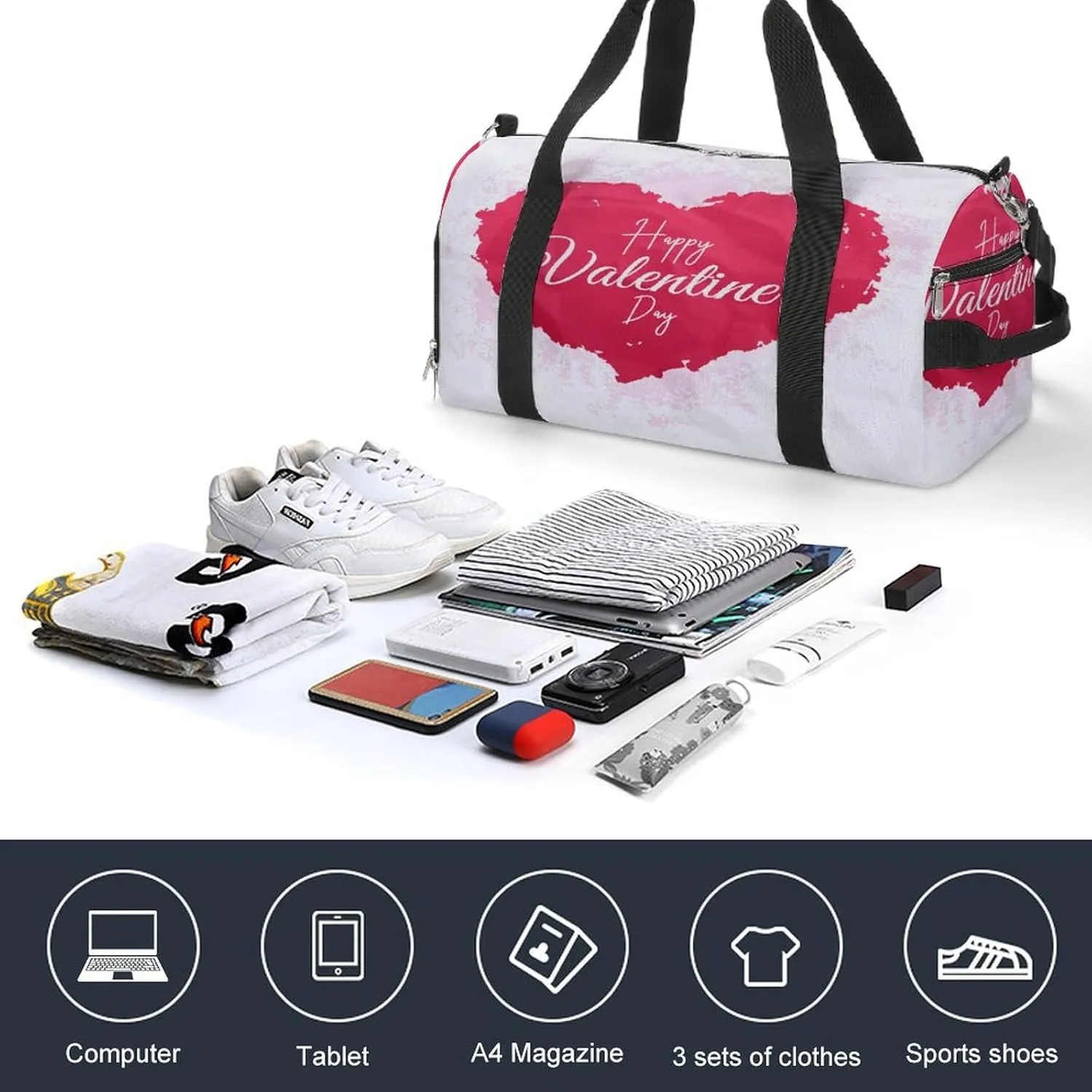 Waterproof Red Heart Travel Duffel Bag with Shoe Compartment Gym Weekender