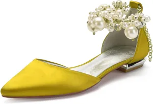 Wedding Bridal Shoes Beaded Ankle Strap Low Heels Women's Pumps Pointed Toe Closed Toe Sandal 2CM High Heels Satin Flats Elegant Formal,Yellow,10