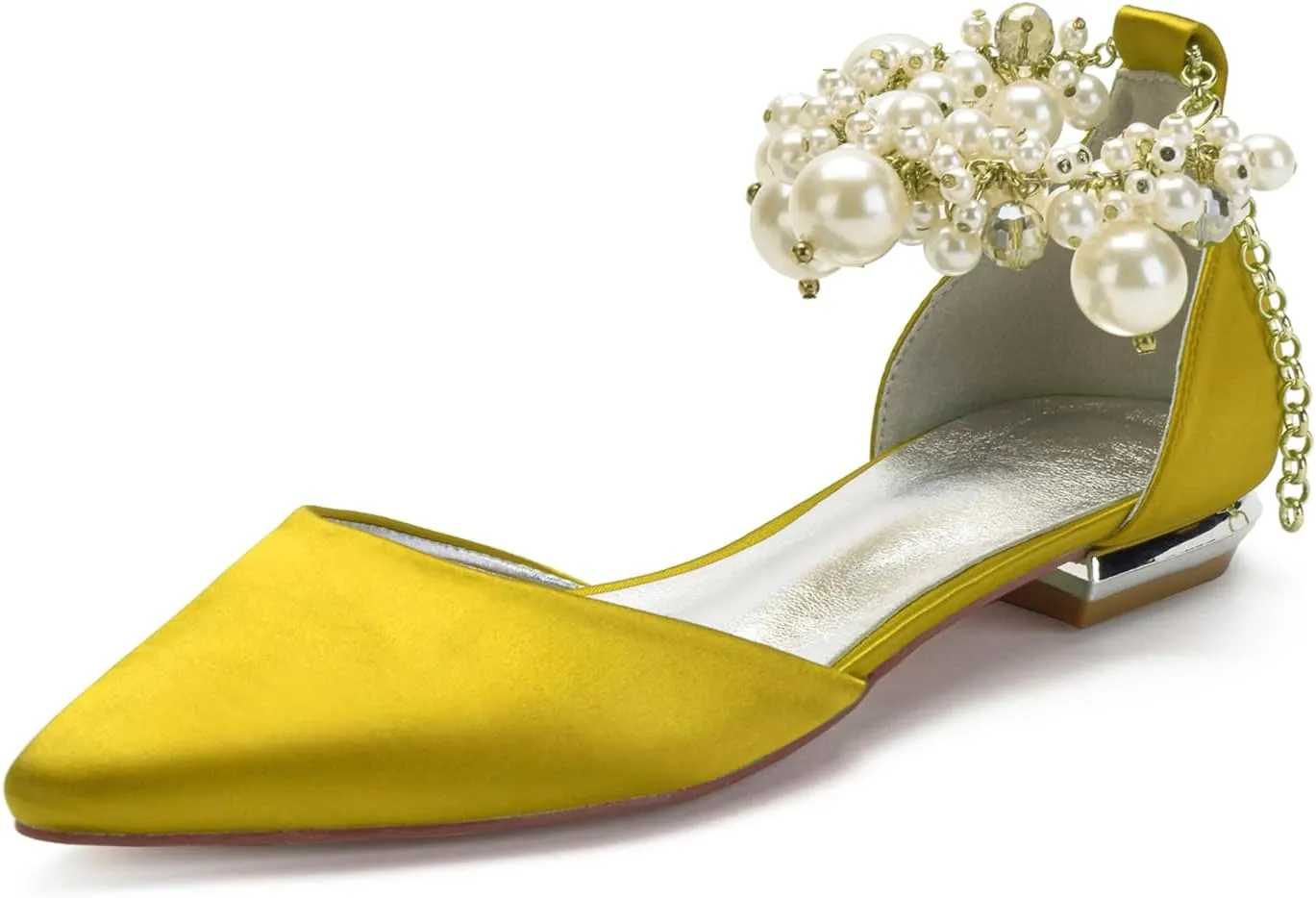 Wedding Bridal Shoes Beaded Ankle Strap Low Heels Women's Pumps Pointed Toe Closed Toe Sandal 2CM High Heels Satin Flats Elegant Formal,Yellow,10
