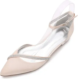 Wedding Shoes Flats for Bride Satin Rhinestone Pointed Toe Women Dress Shoes for Special Occasions