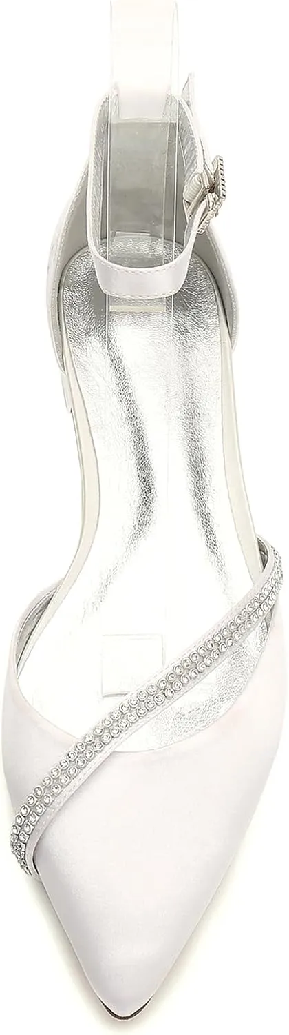 Wedding Shoes Flats for Bride Satin Rhinestone Pointed Toe Women Dress Shoes for Special Occasions