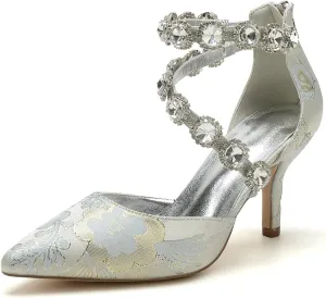 Wedding Shoes for Bride Closed Toe Womens Pointed Toe Bridal Shoes Ankle Strap Stiletto Pumps Floral Satin Evening Dress Sandals Elegant,Silver,9