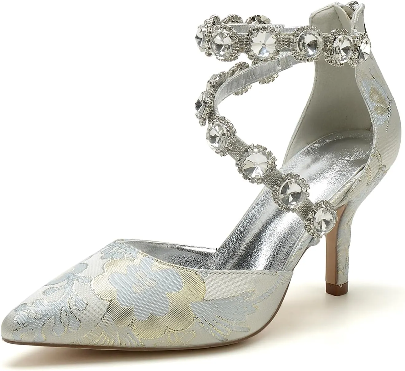 Wedding Shoes for Bride Closed Toe Womens Pointed Toe Bridal Shoes Ankle Strap Stiletto Pumps Floral Satin Evening Dress Sandals Elegant,Silver,9