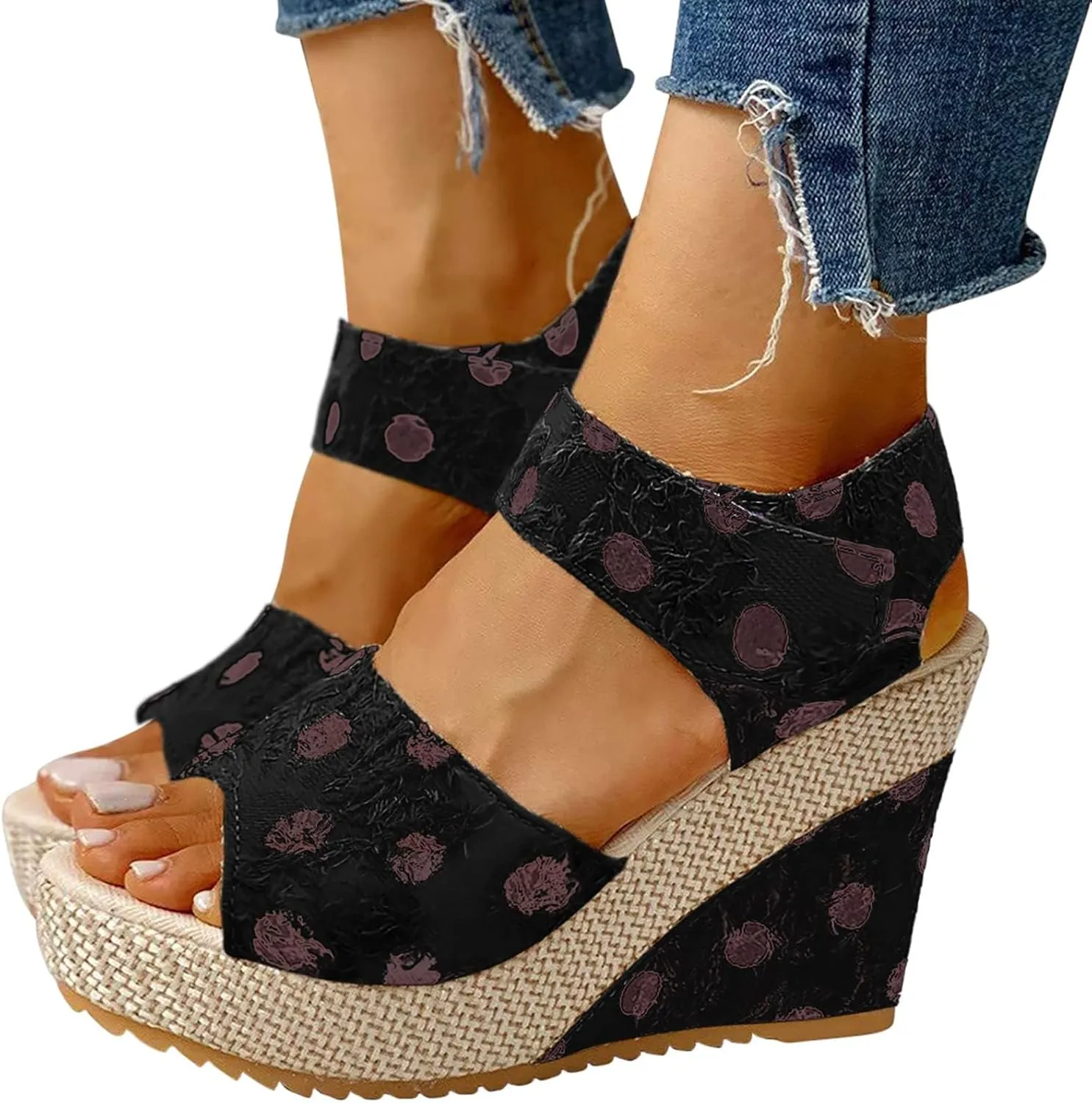 Wedge Sandals for Women Non Slip Platform Slides Sandals Breathable Open Toe Slingback Summer Shoes Trendy Polka Dot Elegant Cute Walking Shoes