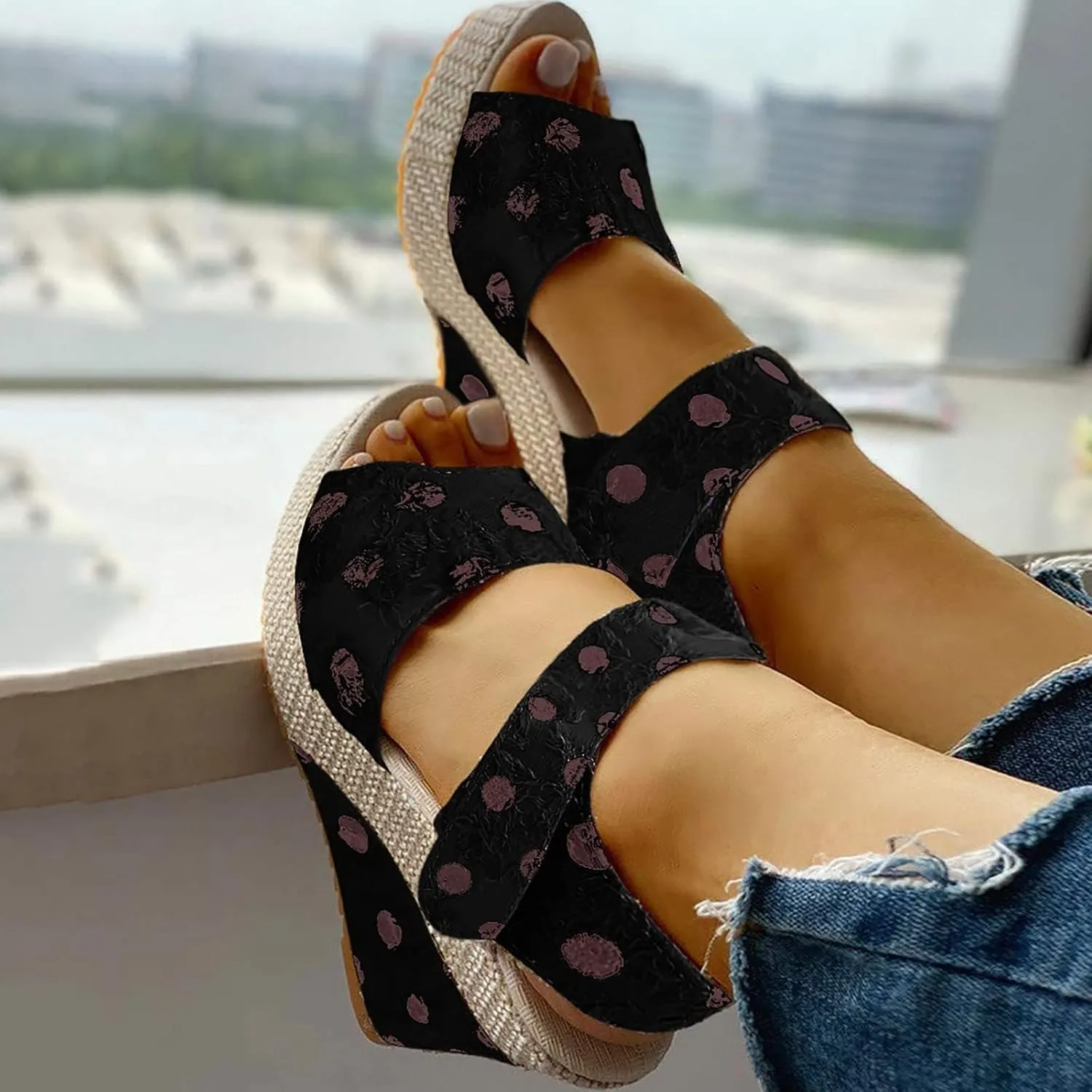 Wedge Sandals for Women Non Slip Platform Slides Sandals Breathable Open Toe Slingback Summer Shoes Trendy Polka Dot Elegant Cute Walking Shoes