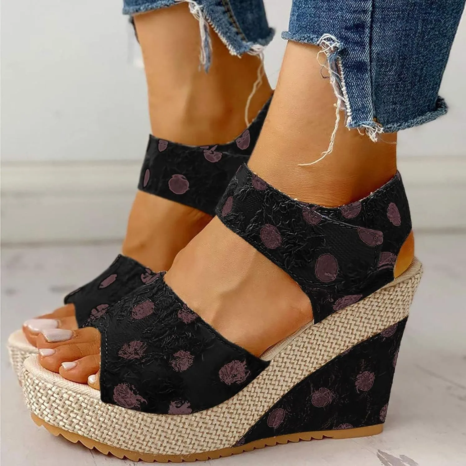 Wedge Sandals for Women Non Slip Platform Slides Sandals Breathable Open Toe Slingback Summer Shoes Trendy Polka Dot Elegant Cute Walking Shoes