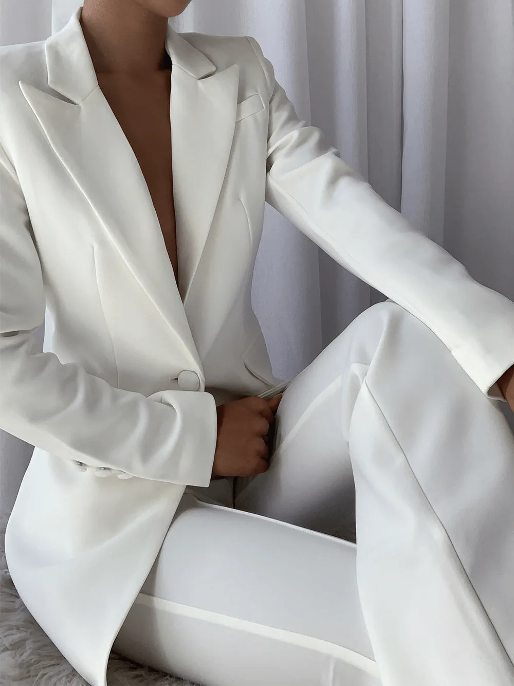 White 2 Piece Peak Lapel Single Breasted Slim Fit Women's Suit