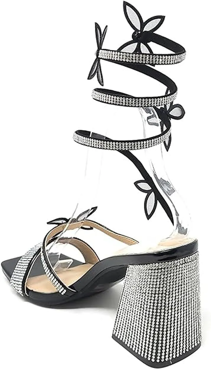 Wild Diva Women Butterfly Rhinestone Spiral Ankle Strap Square Toe Low Block Heels