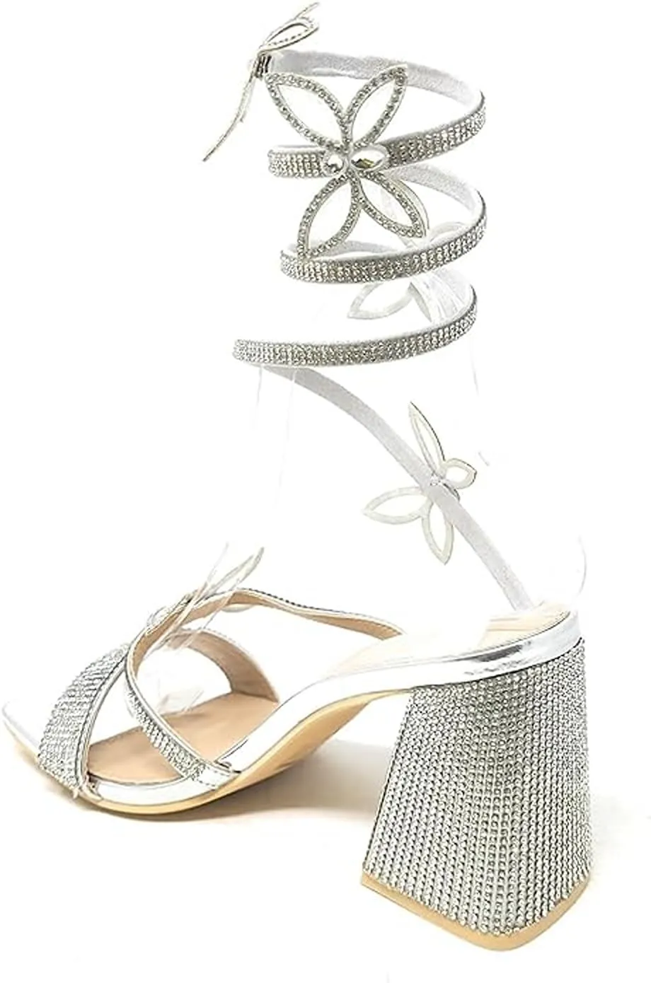 Wild Diva Women Butterfly Rhinestone Spiral Ankle Strap Square Toe Low Block Heels