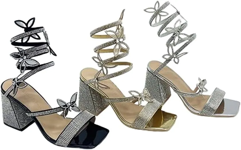 Wild Diva Women Butterfly Rhinestone Spiral Ankle Strap Square Toe Low Block Heels