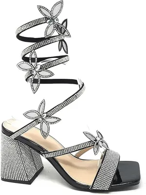 Wild Diva Women Butterfly Rhinestone Spiral Ankle Strap Square Toe Low Block Heels