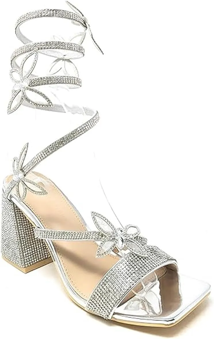 Wild Diva Women Butterfly Rhinestone Spiral Ankle Strap Square Toe Low Block Heels
