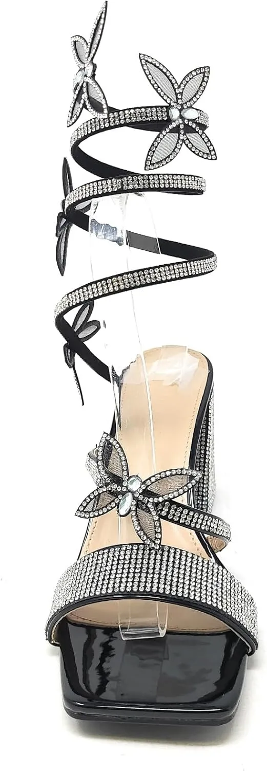 Wild Diva Women's Adams-07 Embellished Rhinestone Butterfly Spiral Coil Wrap Around Chunky Heels