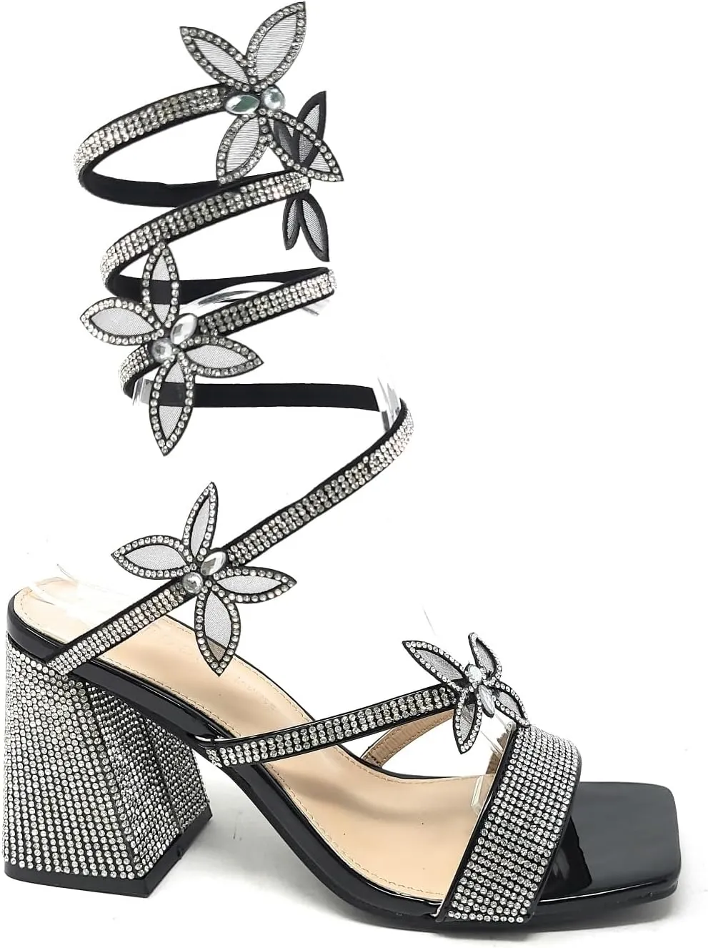 Wild Diva Women's Adams-07 Embellished Rhinestone Butterfly Spiral Coil Wrap Around Chunky Heels
