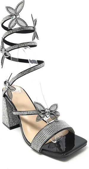 Wild Diva Women's Adams-07 Embellished Rhinestone Butterfly Spiral Coil Wrap Around Chunky Heels