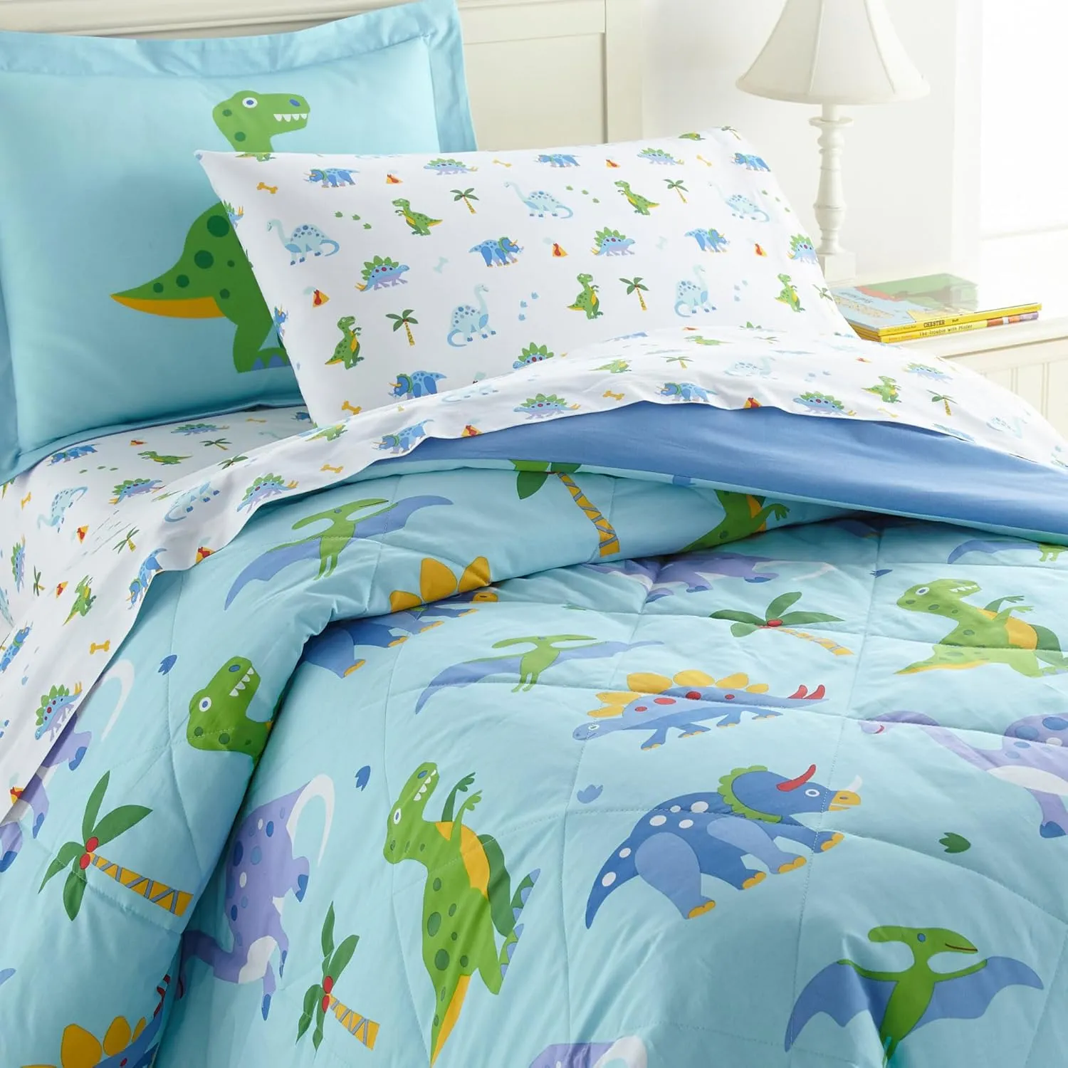 Wildkin 7-Piece Full Bedding Set – 100% Cotton Comforter, Sheets & Pillowcase for Cozy Cuddles - Dinosaur Land
