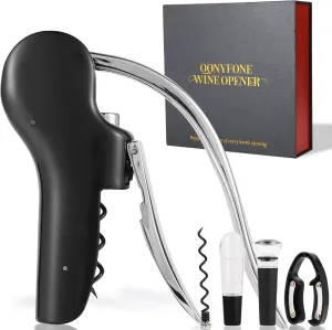 Wine Bottle Corkscrew Opener, Vertical Lever Corkscrew 5-Piece Set, Manual Vertical Design, Includes Wine Foil Cutter, Extra Spiral, Wine Pourer and Wine Stopper, Elegant Gift Box, Black