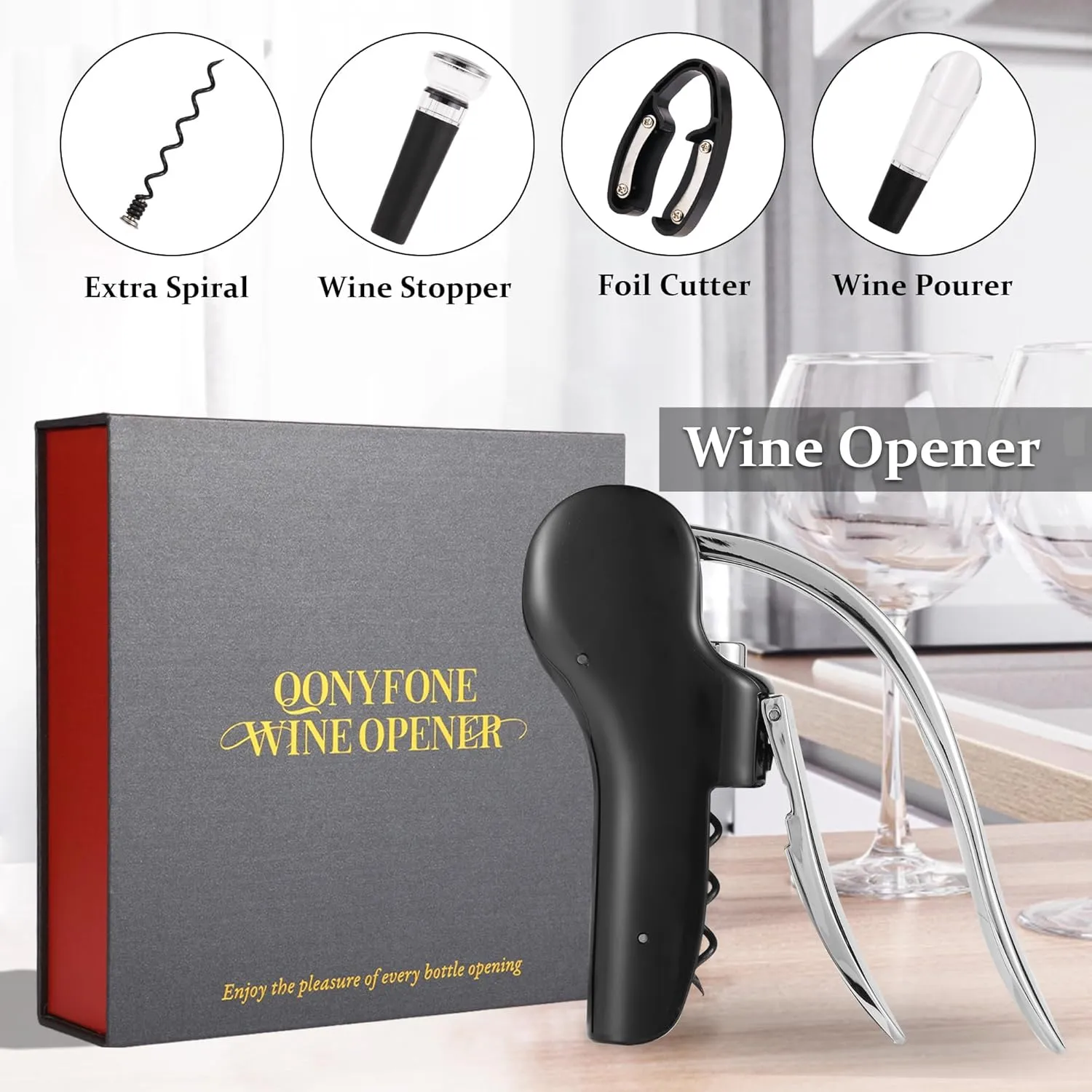 Wine Bottle Corkscrew Opener, Vertical Lever Corkscrew 5-Piece Set, Manual Vertical Design, Includes Wine Foil Cutter, Extra Spiral, Wine Pourer and Wine Stopper, Elegant Gift Box, Black