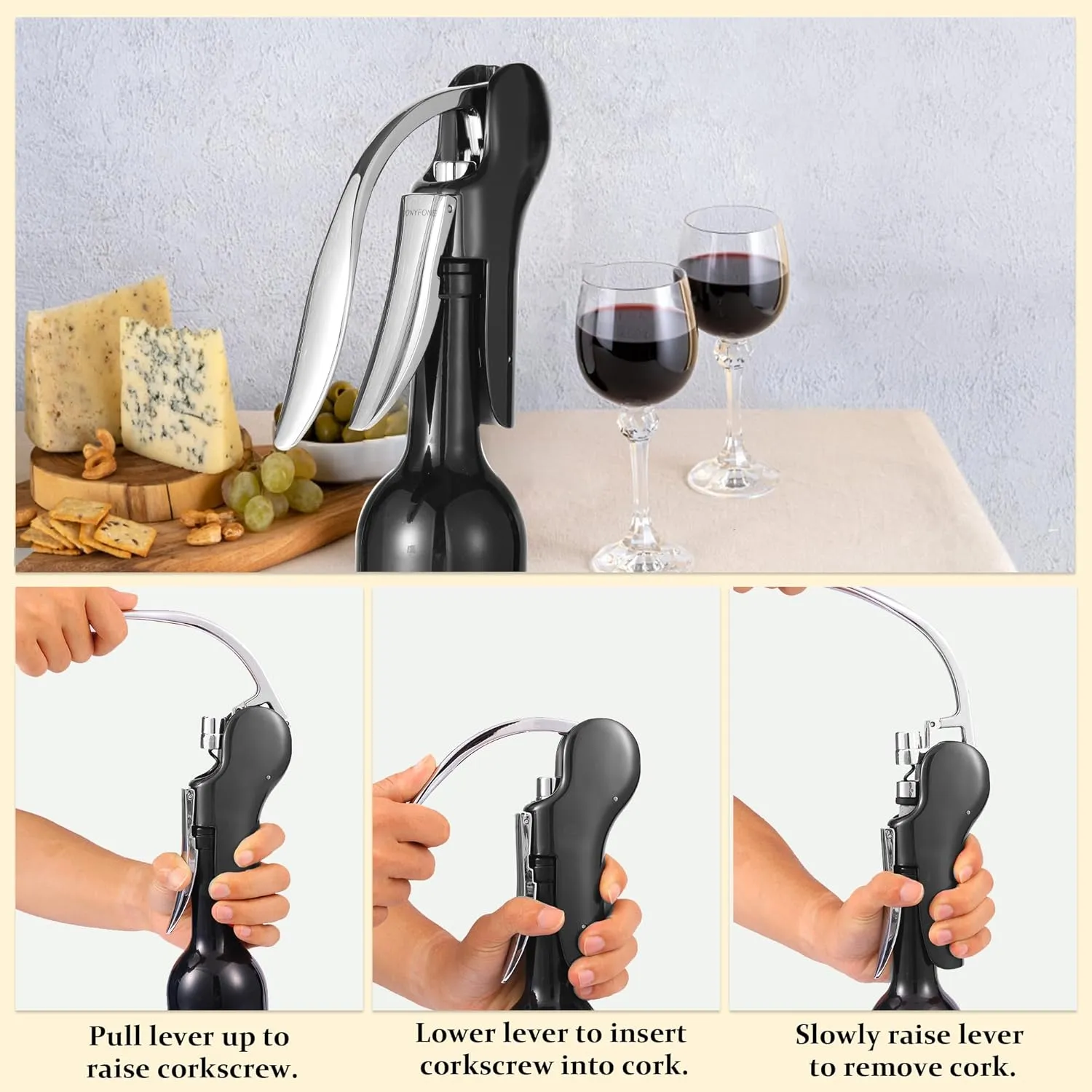 Wine Bottle Corkscrew Opener, Vertical Lever Corkscrew 5-Piece Set, Manual Vertical Design, Includes Wine Foil Cutter, Extra Spiral, Wine Pourer and Wine Stopper, Elegant Gift Box, Black