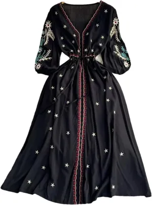Women Ethnic Storm Semitic Beach Dress Vacation V-Neck Embroidered Dresses Waist Mid Length Dress