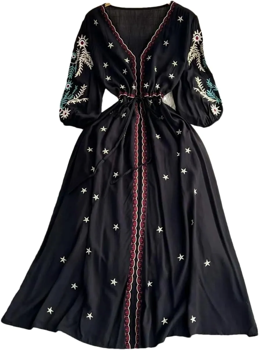 Women Ethnic Storm Semitic Beach Dress Vacation V-Neck Embroidered Dresses Waist Mid Length Dress