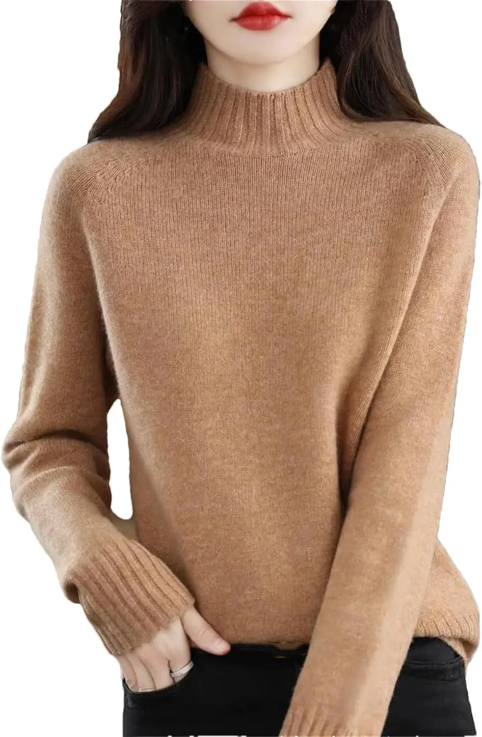 Women Long Sleeve Cashmere Knitted Sweaters Spring Autume 100% Merino Wool Mock-Neck Pullover Tops