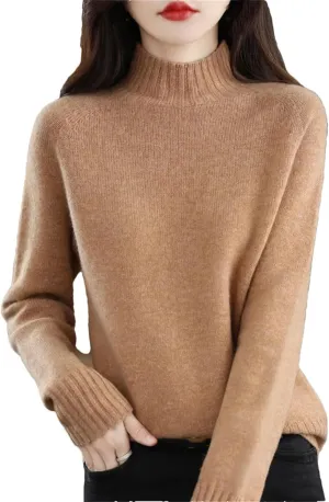 Women Long Sleeve Cashmere Knitted Sweaters Spring Autume 100% Merino Wool Mock-Neck Pullover Tops