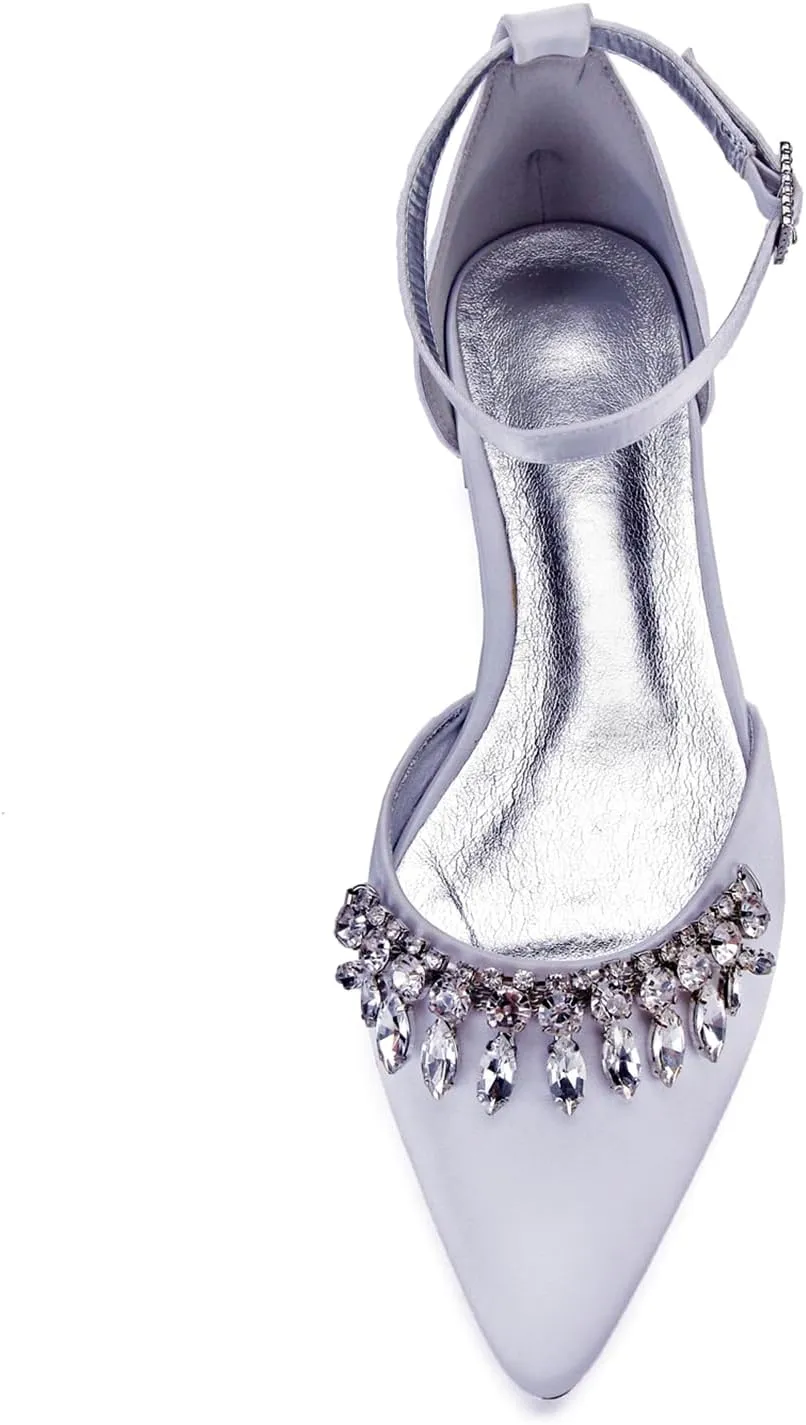 Women Satin Wedding Shoes for Bride Flats Pointed Toe Crystals Party Dress Bridesmaid Shoes