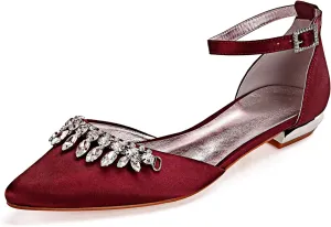 Women Satin Wedding Shoes for Bride Flats Pointed Toe Crystals Party Dress Bridesmaid Shoes