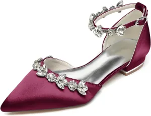 Women Satin Wedding Shoes for Bride Flats Pointed Toe Crystals Party Dress Bridesmaid Shoes