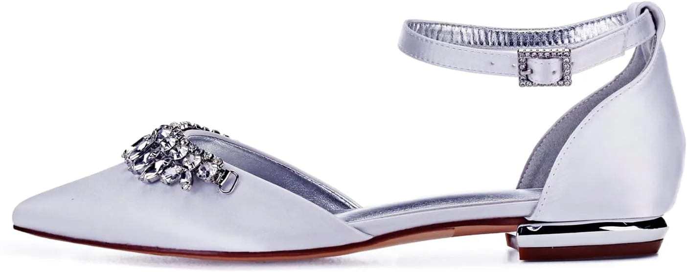 Women Satin Wedding Shoes for Bride Flats Pointed Toe Crystals Party Dress Bridesmaid Shoes