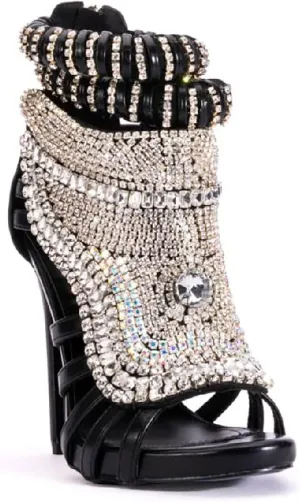 Women Stiletto High Heel Heavy Duty Sandals Open Toe Crystals Diamond Pave Ankle Strap Wedding Dress Shoes Prom Pumps