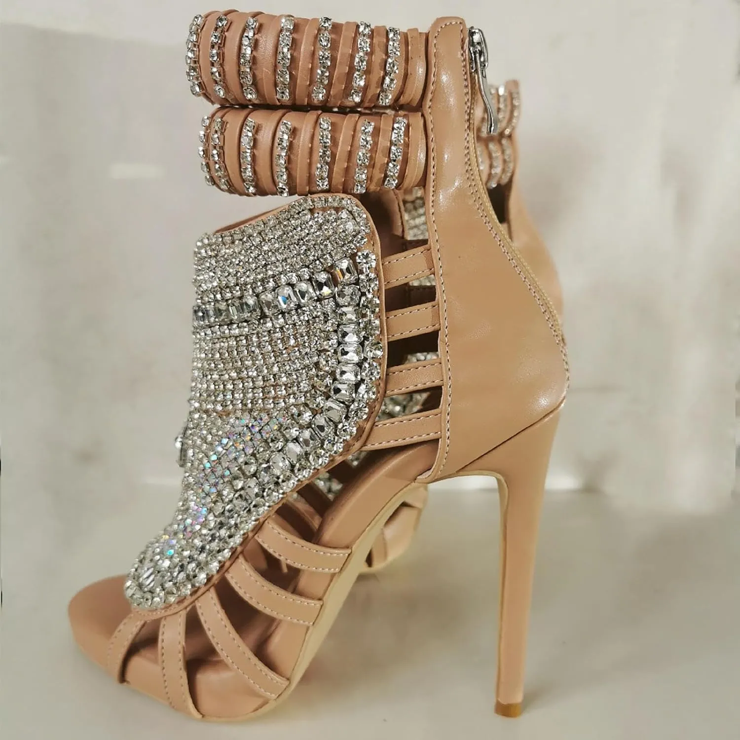 Women Stiletto High Heel Heavy Duty Sandals Open Toe Crystals Diamond Pave Ankle Strap Wedding Dress Shoes Prom Pumps