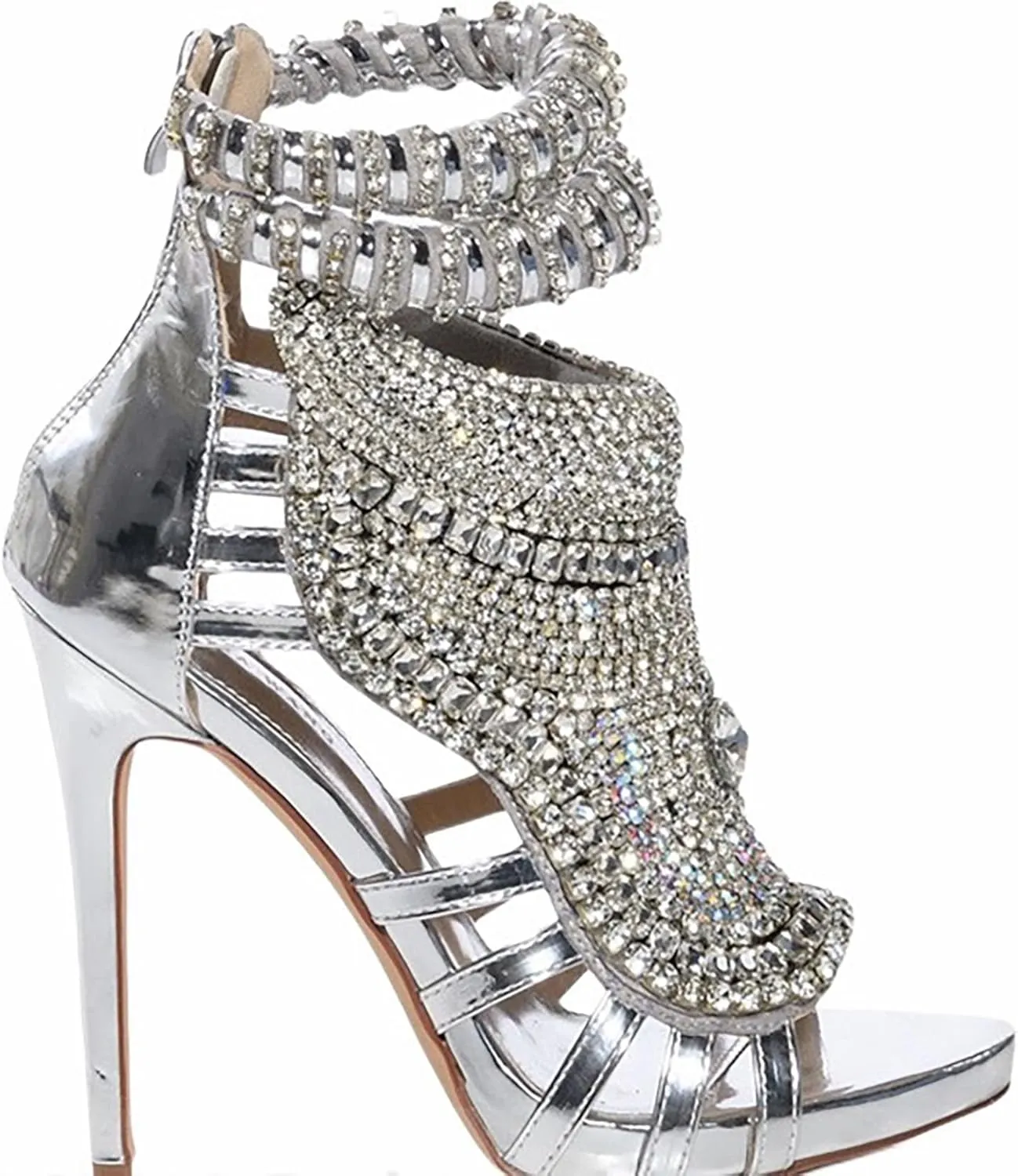 Women Stiletto High Heel Heavy Duty Sandals Open Toe Crystals Diamond Pave Ankle Strap Wedding Dress Shoes Prom Pumps