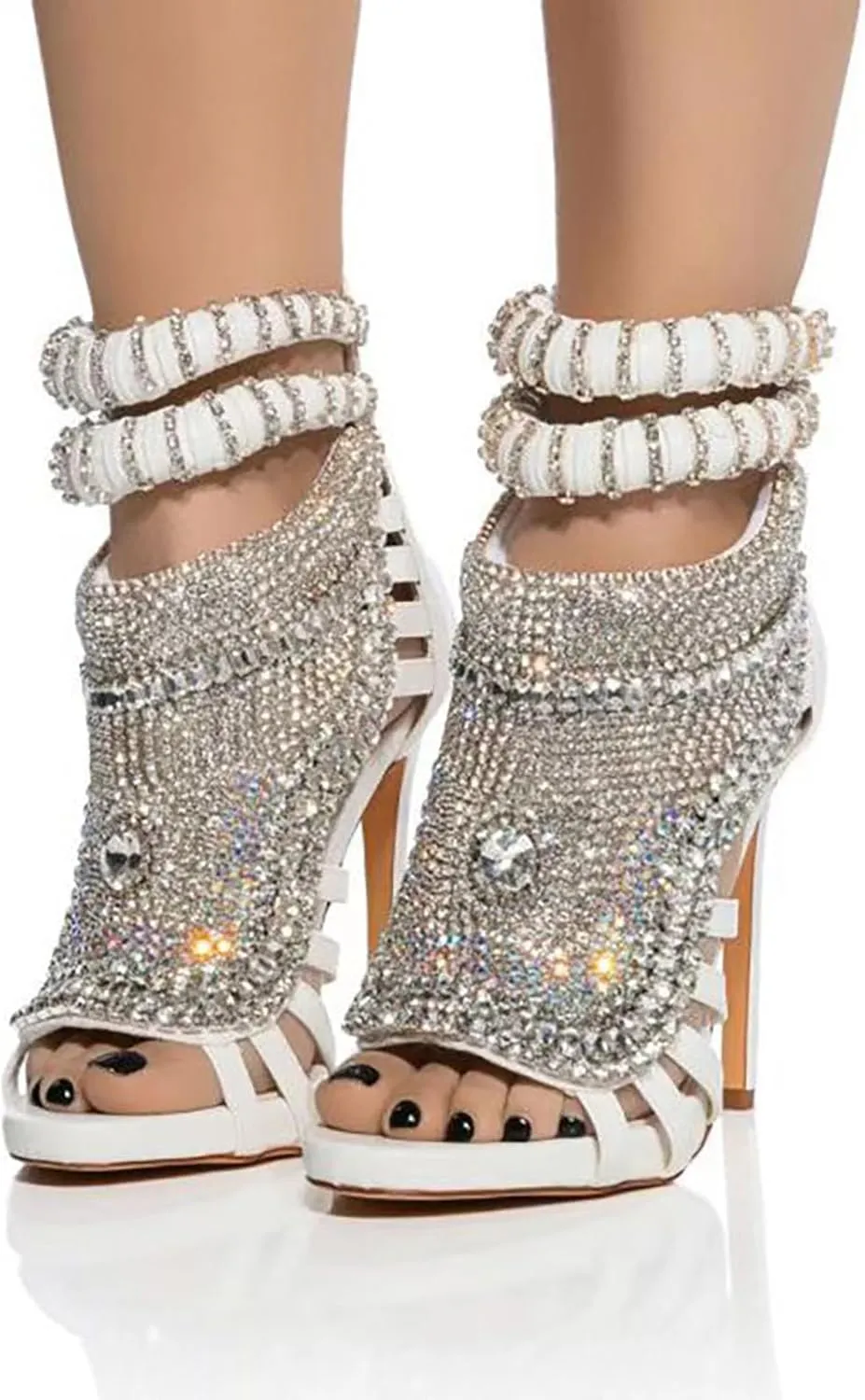 Women Stiletto High Heel Heavy Duty Sandals Open Toe Crystals Diamond Pave Ankle Strap Wedding Dress Shoes Prom Pumps
