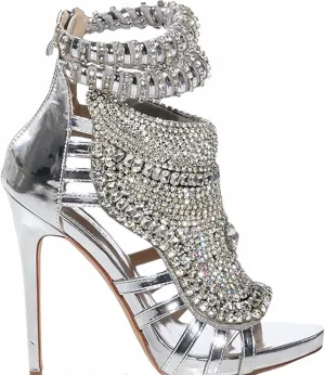Women Stiletto High Heel Heavy Duty Sandals Open Toe Crystals Diamond Pave Ankle Strap Wedding Dress Shoes Prom Pumps