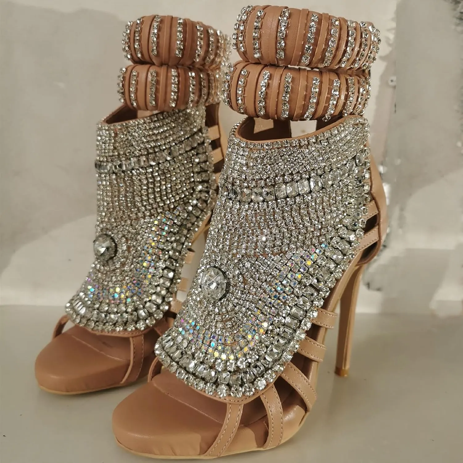 Women Stiletto High Heel Heavy Duty Sandals Open Toe Crystals Diamond Pave Ankle Strap Wedding Dress Shoes Prom Pumps