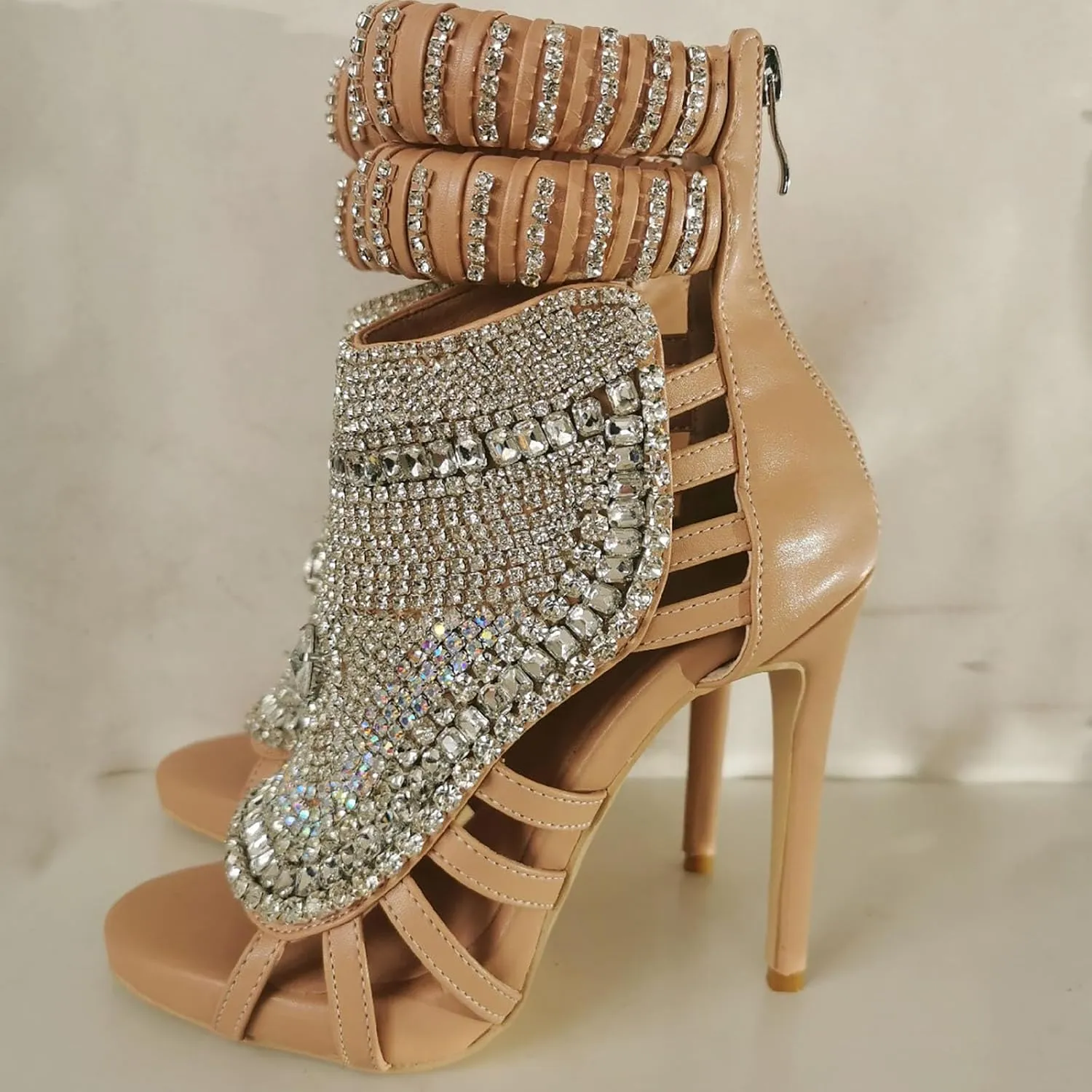 Women Stiletto High Heel Heavy Duty Sandals Open Toe Crystals Diamond Pave Ankle Strap Wedding Dress Shoes Prom Pumps