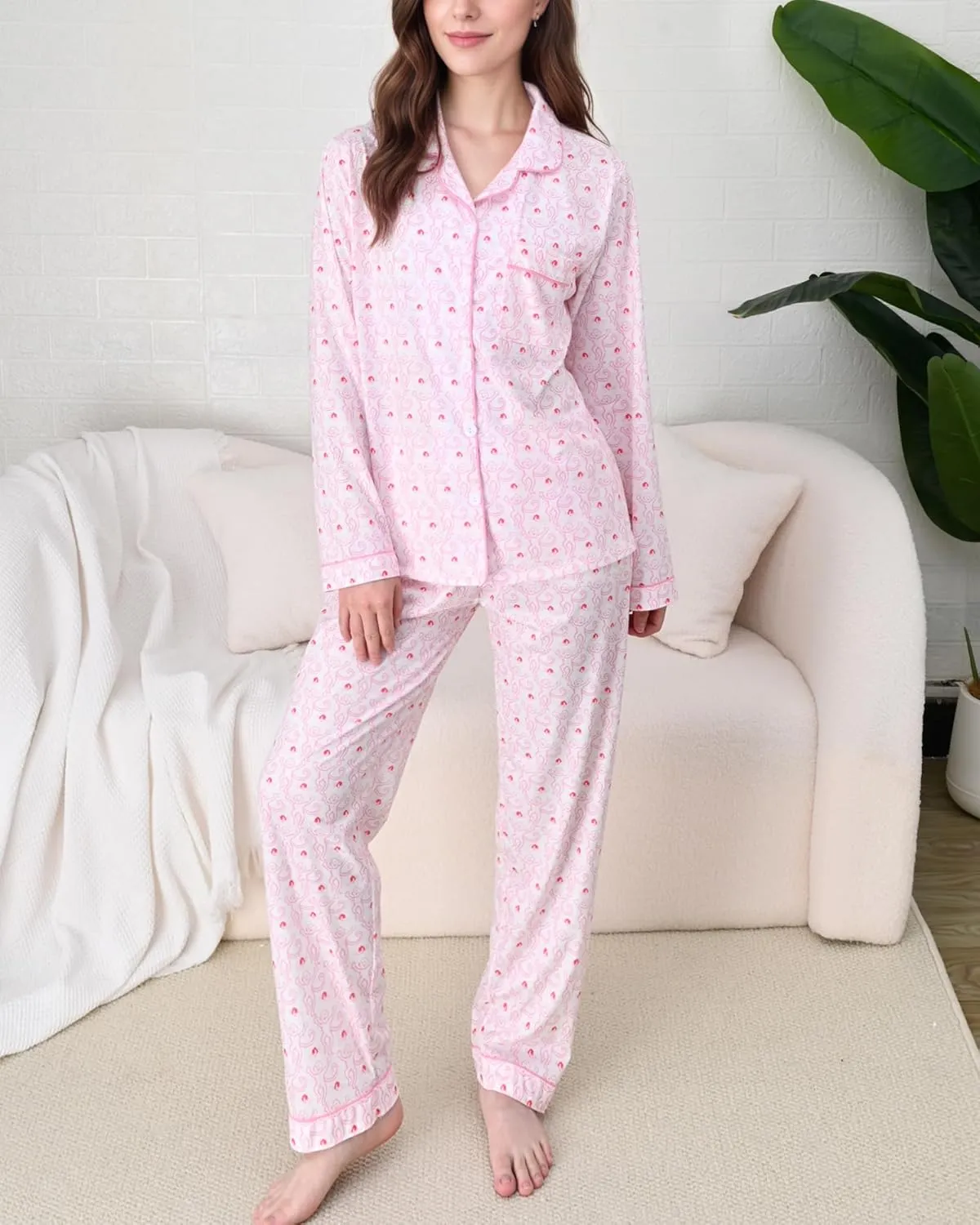 Women Y2k Preppy Pajamas Set Button Down Monkey Sleepwear Loungewear Pjs for Jammies Party Christmas Thanksgiving Gift