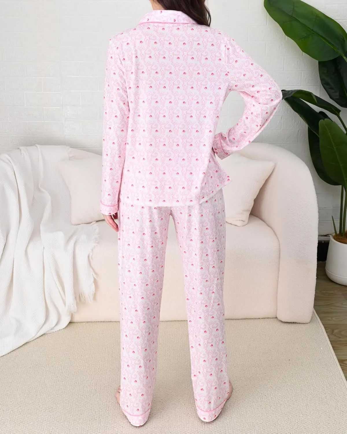 Women Y2k Preppy Pajamas Set Button Down Monkey Sleepwear Loungewear Pjs for Jammies Party Christmas Thanksgiving Gift