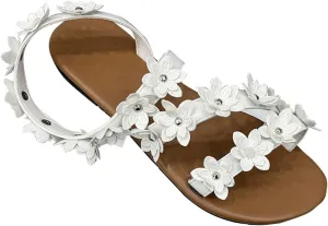 Women's 2025 Floral Embellished Sandals Solid Strappy Stretch Flat Shoe Rubber Sole Trendy Summer Spring Flats