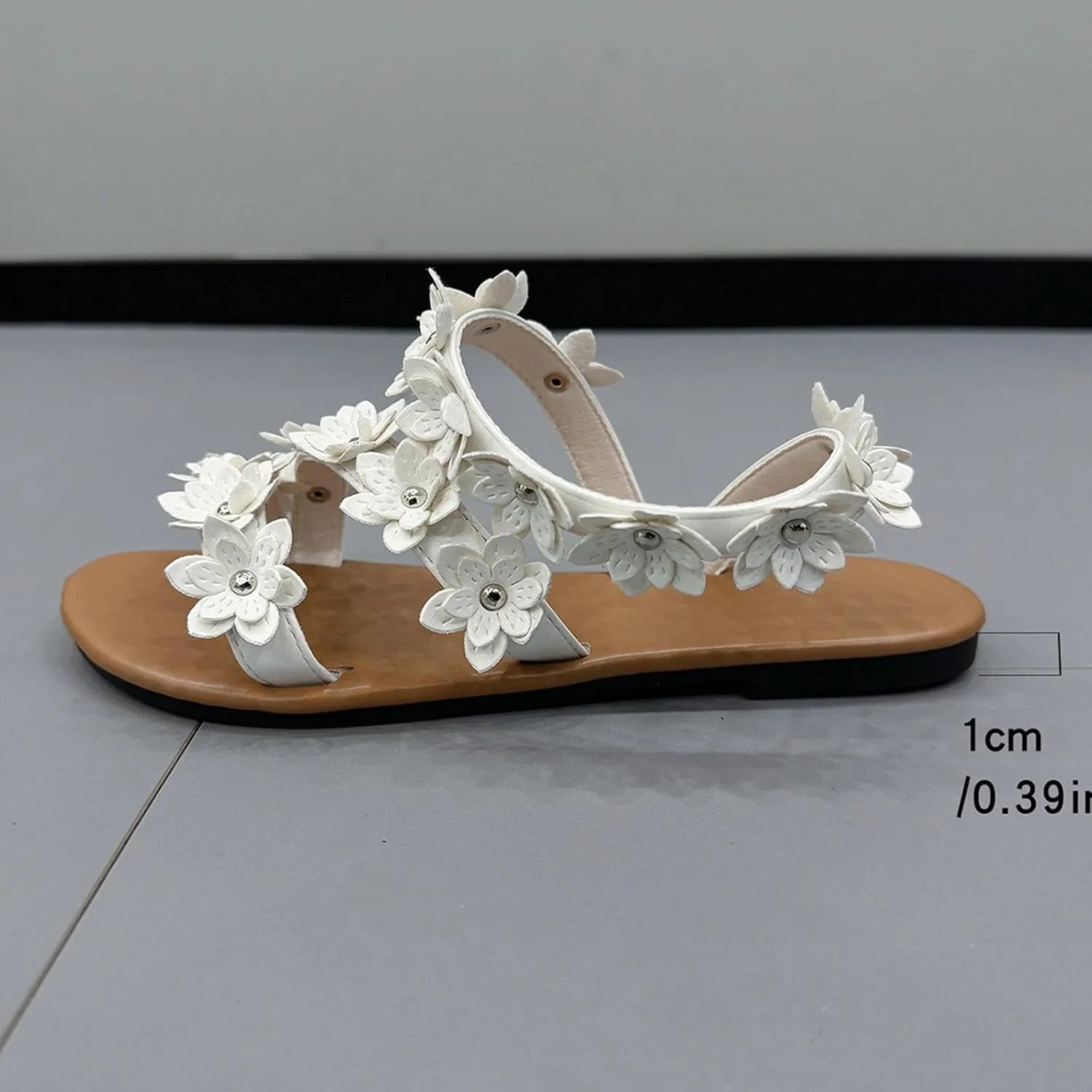 Women's 2025 Floral Embellished Sandals Solid Strappy Stretch Flat Shoe Rubber Sole Trendy Summer Spring Flats
