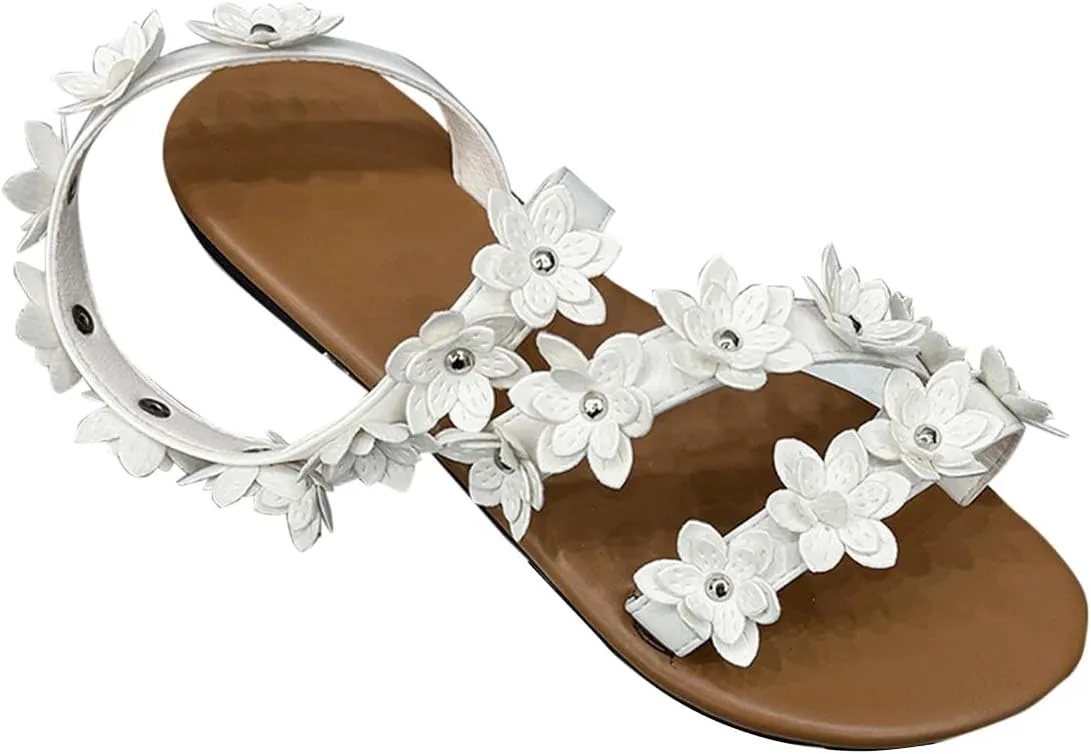 Women's 2025 Floral Embellished Sandals Solid Strappy Stretch Flat Shoe Rubber Sole Trendy Summer Spring Flats