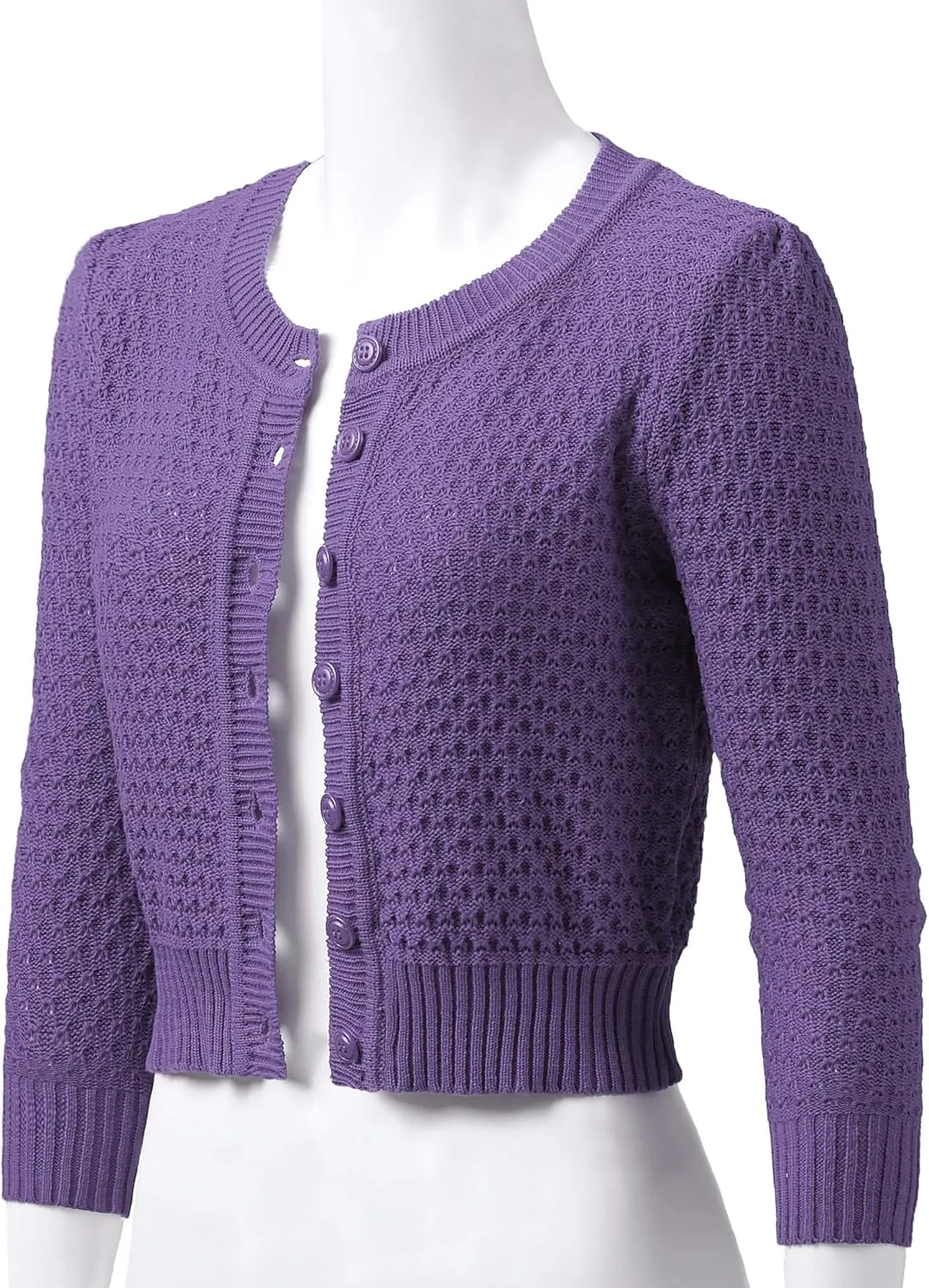 Women's 3/4 Sleeve Crew Neck Button Down Cotton Knit Cropped Cardigan Sweater (S-3XL)