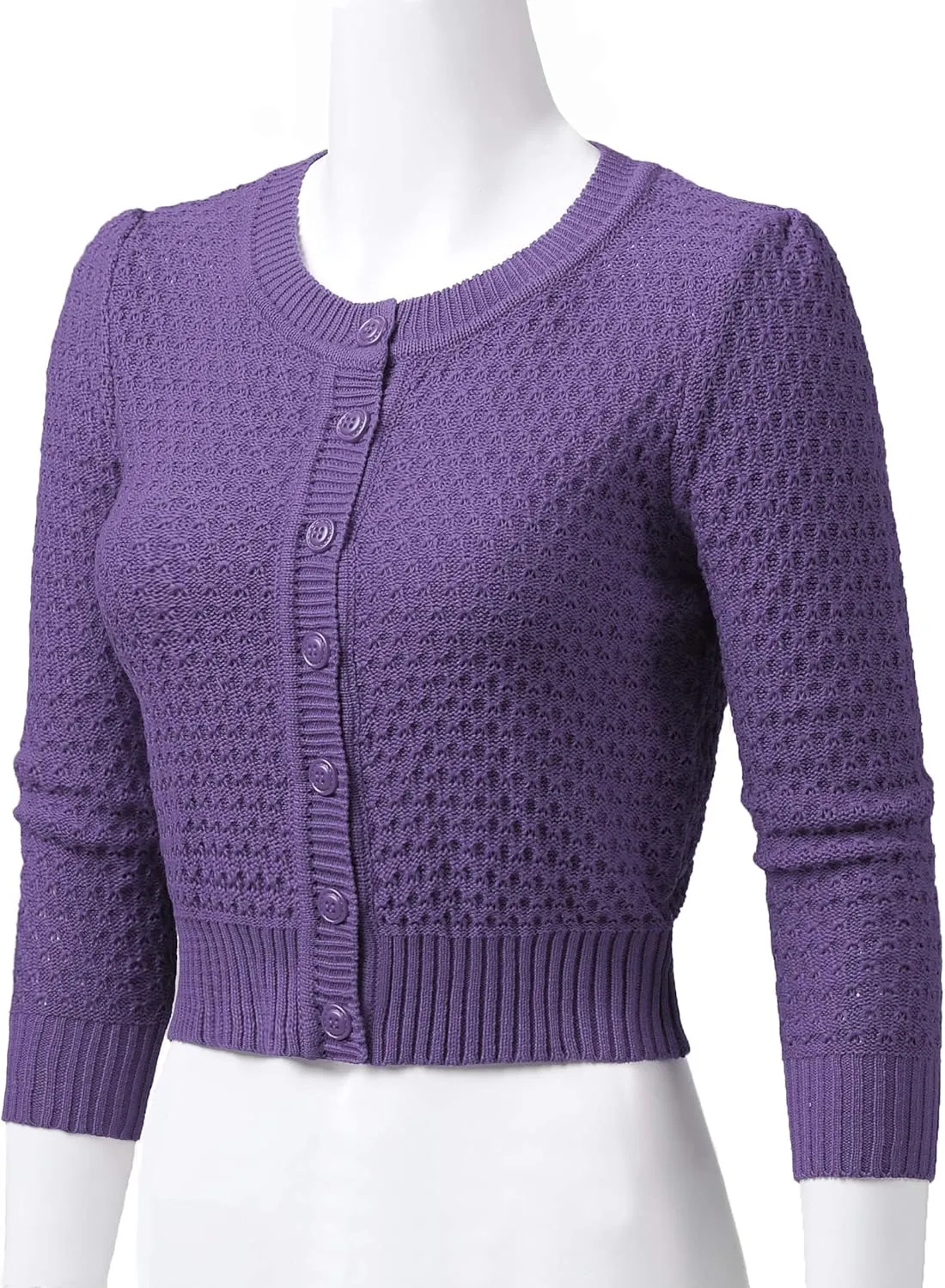 Women's 3/4 Sleeve Crew Neck Button Down Cotton Knit Cropped Cardigan Sweater (S-3XL)
