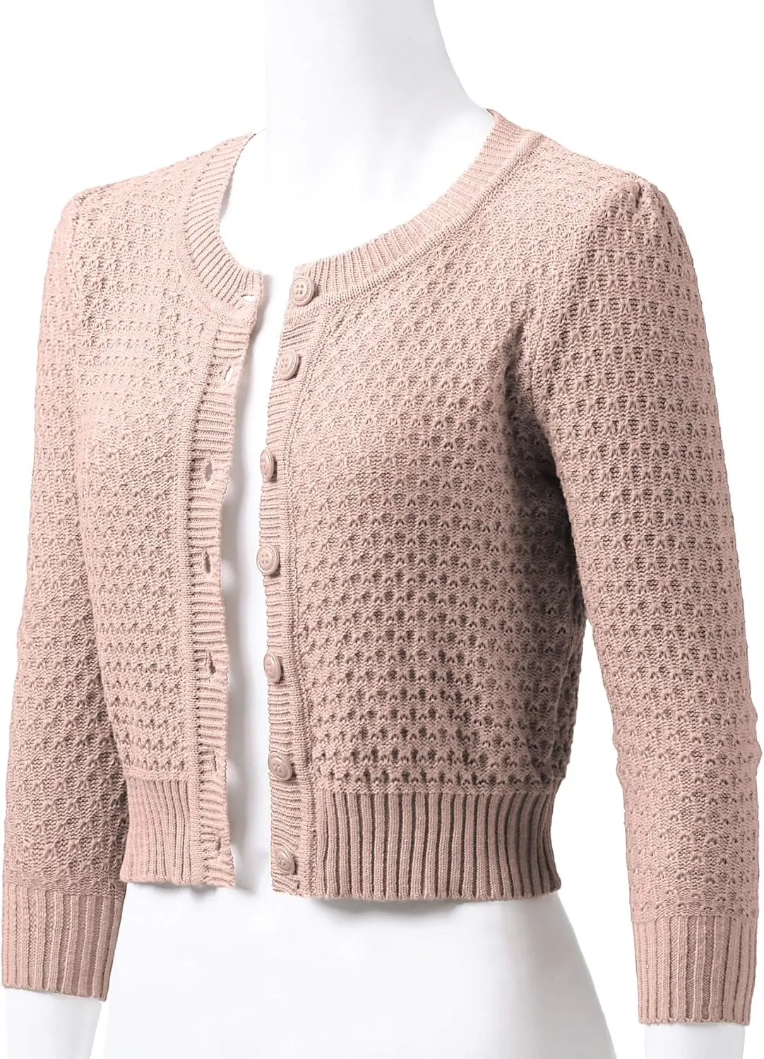 Women's 3/4 Sleeve Crew Neck Button Down Cotton Knit Cropped Cardigan Sweater (S-3XL)
