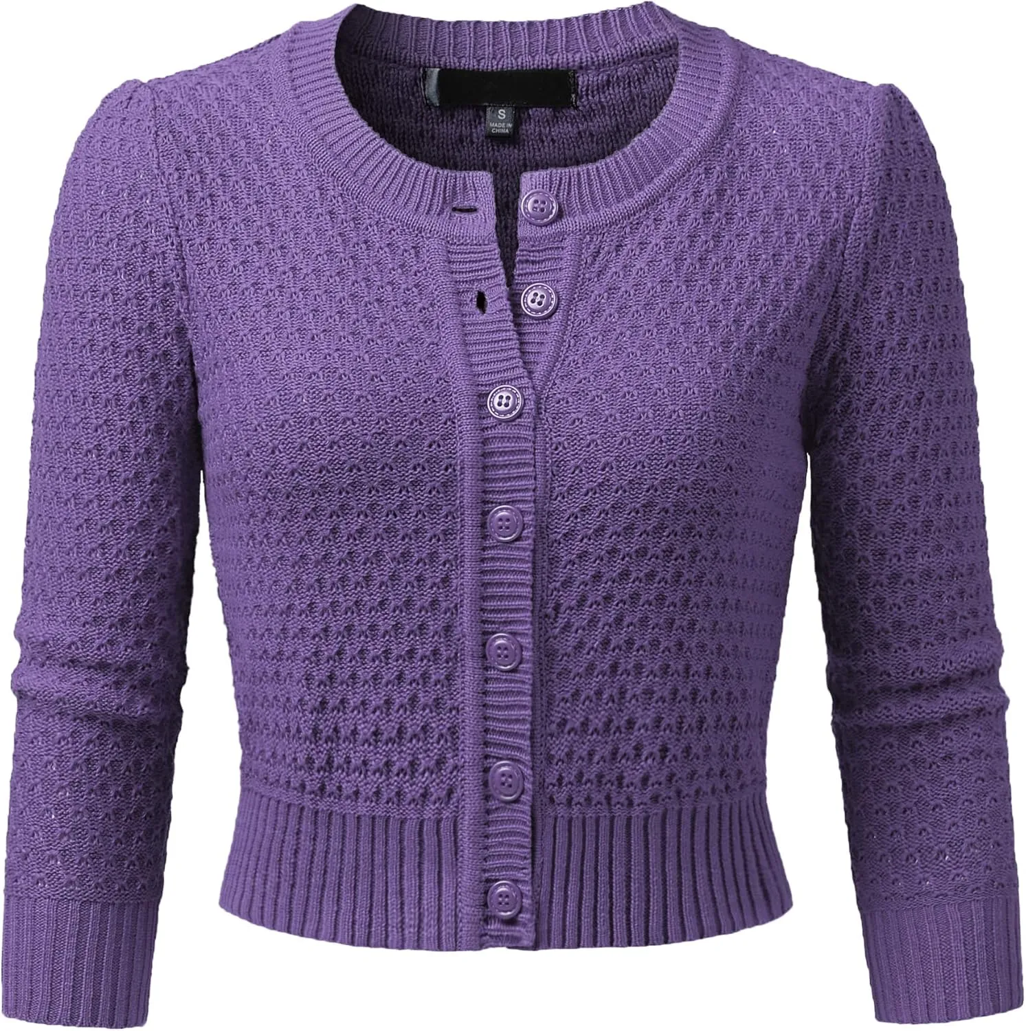 Women's 3/4 Sleeve Crew Neck Button Down Cotton Knit Cropped Cardigan Sweater (S-3XL)