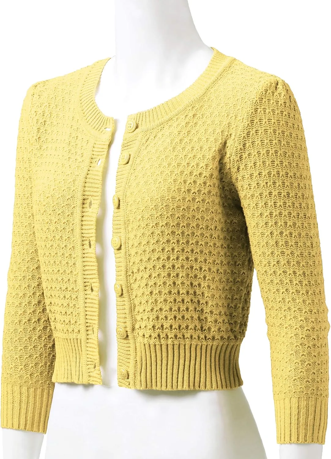 Women's 3/4 Sleeve Crew Neck Button Down Cotton Knit Cropped Cardigan Sweater (S-3XL)